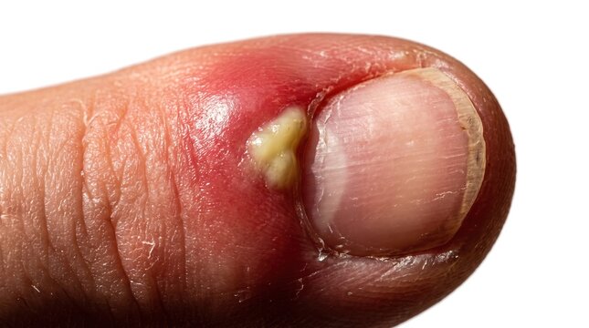 Macro shot of inflamed thumb infected with purulent paronychia showing yellow pus and redness