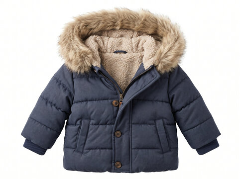 Cozy navy blue puffer jacket with fur hood for children  