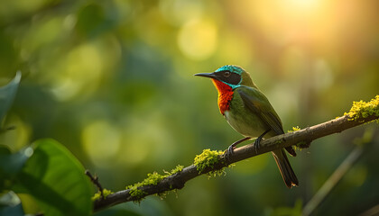 Obraz premium Eastern Double-Collared Sunbird perched on a mossy branch in soft golden sunlight