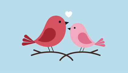 Obraz premium Pair of cute cartoon lovebirds sitting together on a branch with a small white heart between them on a light blue background.