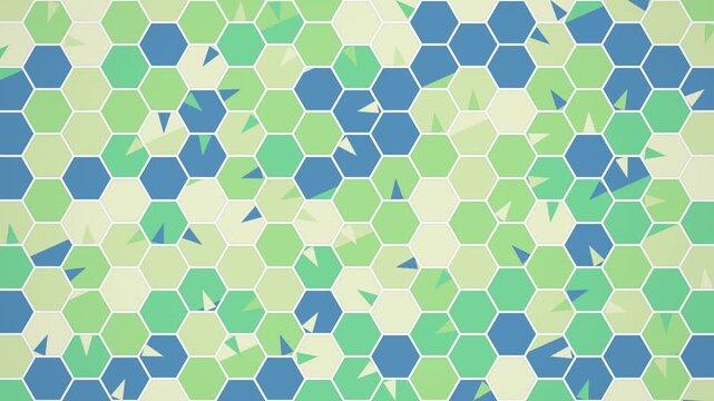 Flat minimal honeycomb background of medium pointed yellow and cyan pastel hexagons with turning triangular accents, colour wave, seamless 4K loop