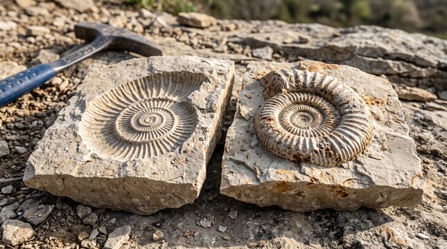 Split limestone slab revealing matching ammonite fossil impression and natural cast at geological field site, photorealistic paleontology discovery with exposed sedimentary layers
