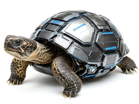 A photo of a turtle with a robotic shell.