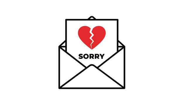 Opened white envelope containing a message of apology with a red broken heart icon and the word sorry below it.