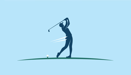 Fototapeta premium Silhouette of a professional golfer swinging a club on the green field against a bright blue sky background.