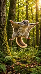 Obraz premium Flying squirrel gliding through a sunlit forest