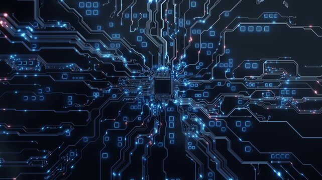 Fine illuminated traces extend square processor detailed electronic layout, connected blue network. machine learning concepts, embedded systems, engineering digital innovation computing presentations.