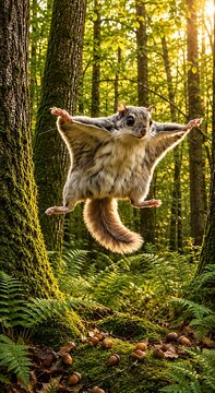 Flying squirrel gliding through a sunlit forest
