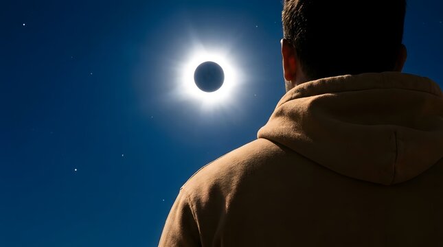 Young man observes the glowing ring of a total solar eclipse in a starry blue sky.