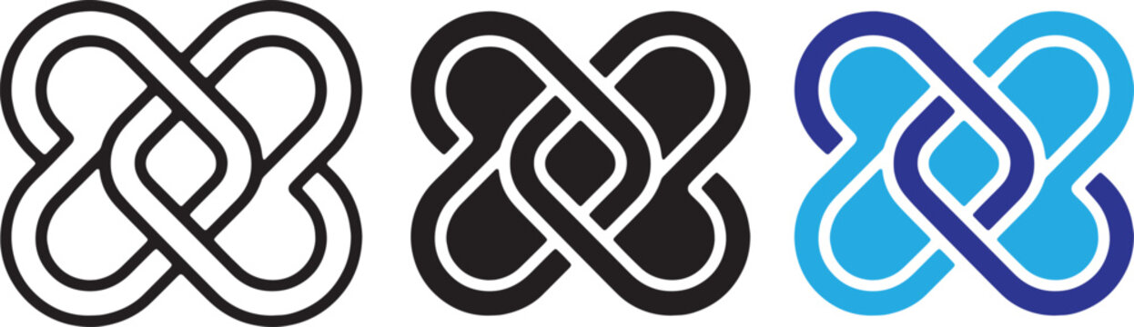 Set of three abstract geometric knot symbols, stylized interlocking heart or infinity loop shapes in outline, solid black, and blue gradient styles, vector illustration