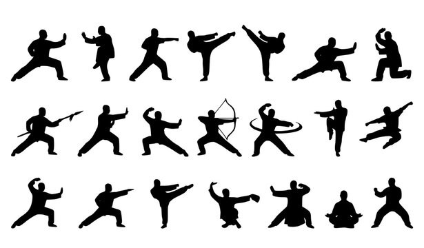 Martial Arts Silhouette Icon Set Featuring Chinese Kung Fu Poses Wushu Masters Karate Kicks Shaolin Monks Weapon Training Fighting Stances and Combat Vector Graphics