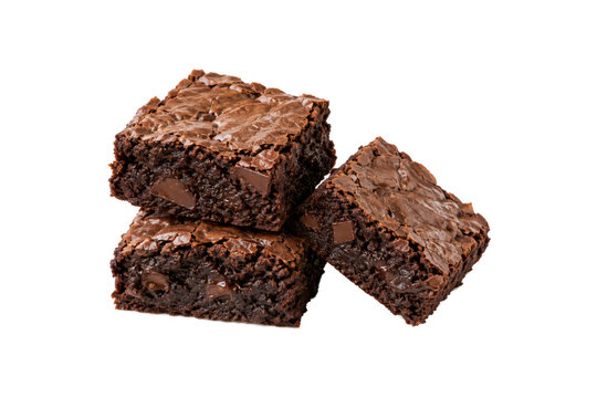 Stack of three fudgy chocolate brownies with a crackly baked crust, moist gooey centers, and visible chocolate chunks, isolated on a clean white background. Rich homemade dessert presentation