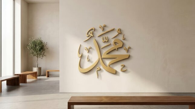 3D gold Arabic calligraphy wall art in modern interior.