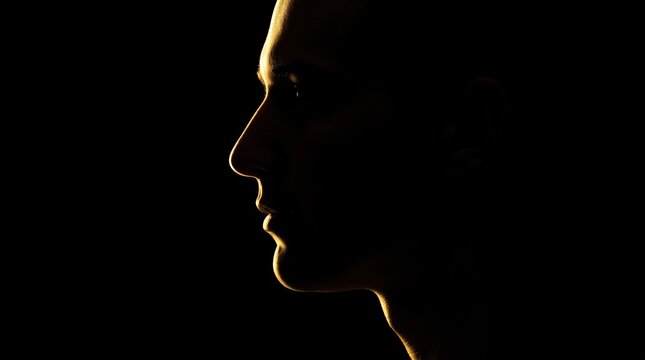 Dramatic profile silhouette of man face with golden rim light