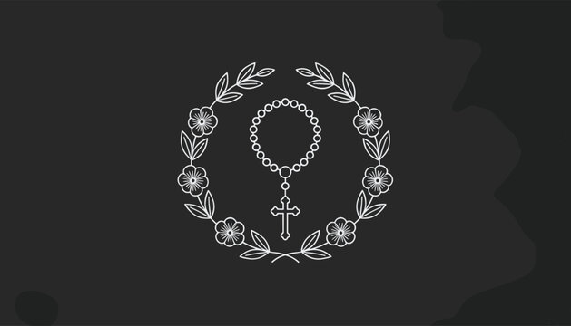 Christian Catholic rosary with cross enclosed in a delicate floral wreath outline illustration on dark grey background.