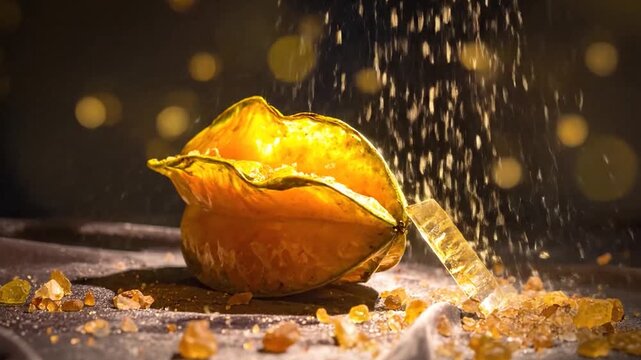 Physalis fruit macro with glowing golden magic sparks.