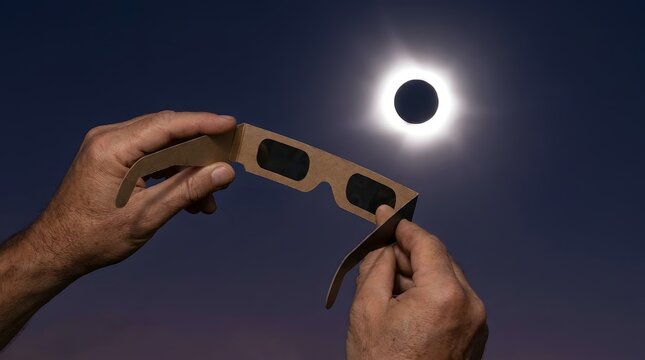 Bare hands prepare cardboard eclipse glasses to observe a bright total solar eclipse.