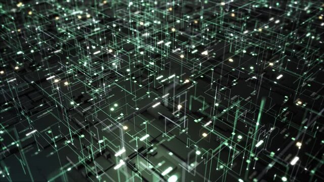 Connection paths binary digits form complex network geometric blocks, punctuated nodes. data processing explainers, cloud computing, digital infrastructure, analytics presentations 19 branding