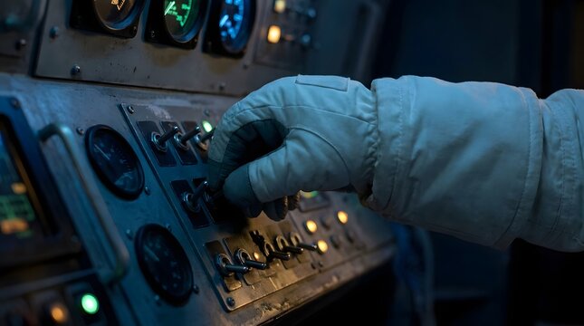 Cosmonaut gloved hand adjusts controls on an illuminated instrument panel in a spaceship.