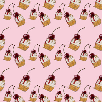 seamless pattern cupcake with Cherry 