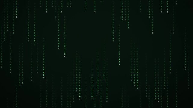 Even green hex rain falling in columns down a dark screen, Seamless 4K loop