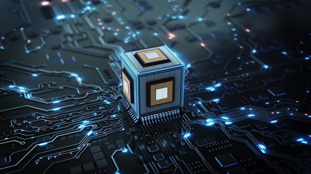 A cubic processor gold contacts edges rises intricate circuit board threaded luminous signals. for semiconductor explainers, hardware promotions, computing innovation, engineering AI presentations.