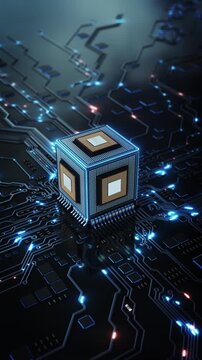 A raised electronic cube features detailed chip faces, metal terminals dark connected board. advanced computing concepts, processor design, industrial 19, research presentations and innovation