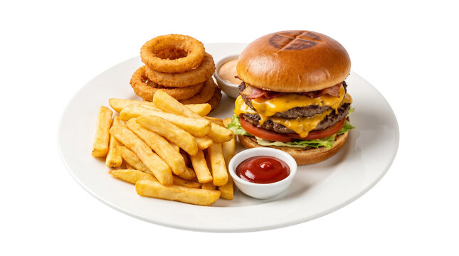 Gourmet double cheeseburger with french fries and onion rings, classic beef burger meal on white plate, fast food combo with dipping sauces