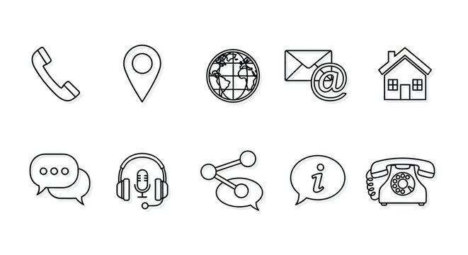 Set of ten black and white contact us outline icons representing various communication methods for customer interaction and support.