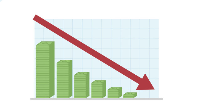 Financial chart concept showing a red arrow pointing down over stacks of green money bills indicating bankruptcy or loss.