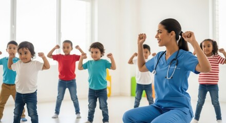 Obraz premium Children engaging in physical exercise class led by a healthcare professional in a bright room