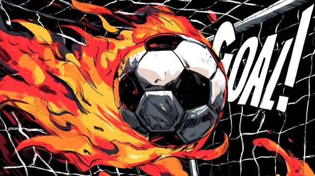Soccer ball on fire hitting net with GOAL! text graphic