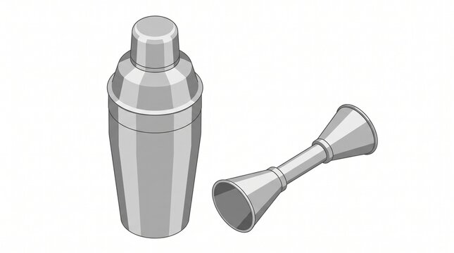 Professional stainless steel cocktail shaker and jigger set for bar service illustration