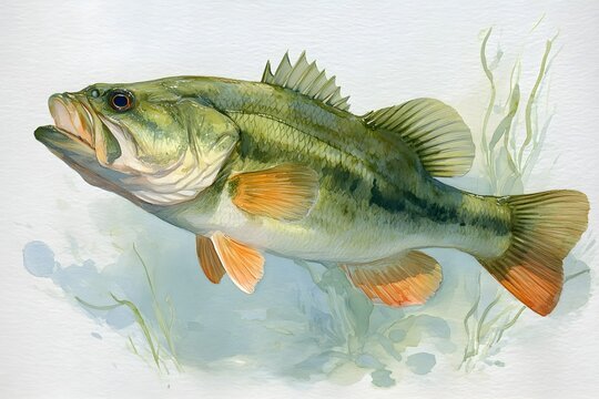 Watercolor largemouth bass swimming amid underwater plants illustration