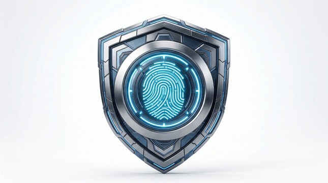 Cyber security shield with glowing biometric fingerprint scanner icon 3D