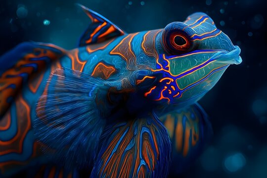Macro closeup of mandarinfish face showing neon blue and orange lines and texture