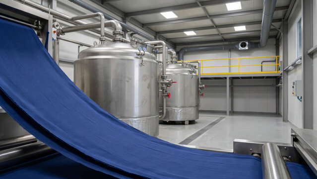 Textile dyeing factory with blue fabric and steel vats