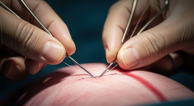 Close-up of a surgeon meticulously suturing tissue with precision instruments during a medical procedure.