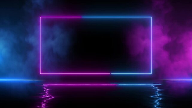 3D Light outlines rectangular frame amid atmospheric haze, vivid reflections shiny surface. concert screens, streaming graphics, nightlife promotions, futuristic intros bold commercial presentations.