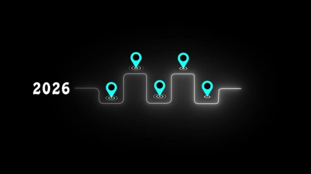 Glowing Roadmap Timeline Between 2026 to 2027 with Location Pin Marker neon white color on a black background, 4K video animation.
