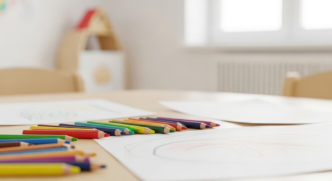 Colorful art crayons arranged on paper for children's creative drawing activities