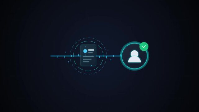 Digital interface shows user profile verification. Circular elements connect data and identity confirmation. Green checkmark signifies approval or validation status
