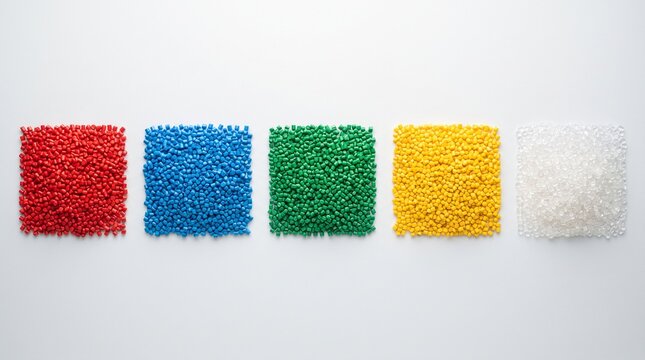 Sorted piles of colorful plastic pellets on white background