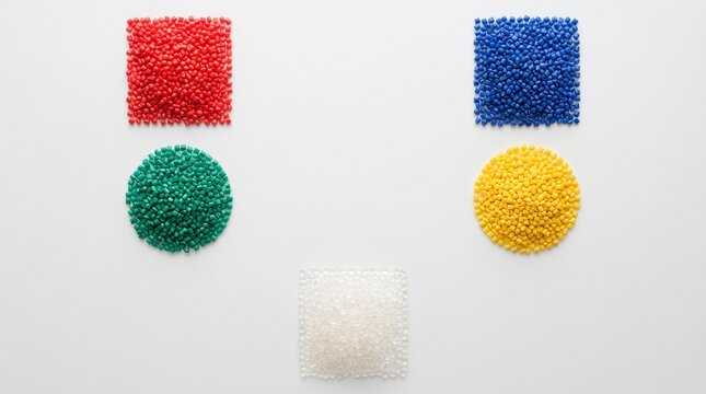 Geometric piles of sorted colorful plastic pellets on white background