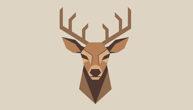 Modern geometric low poly style portrait of a majestic deer head with antlers on a neutral beige background.