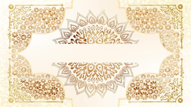 Delicate gold blossoms, foliage curved ornamental panels frame pale layout ample space for names or messages. bridal announcements, cultural celebrations, luxury invitations, reception screens titles.