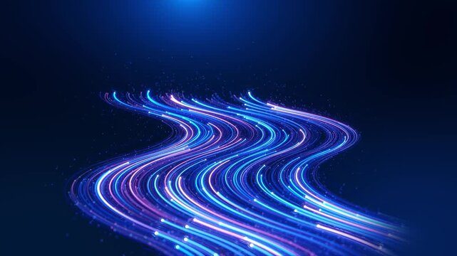 Luminous ribbons trace winding path bright points minute particles, leaving dark space above. data transfer concepts, futuristic product intros, communication explainers, event screens creative titles