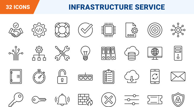 Itil service management line icon set. Vector pictograms of infrastructure, information, technology, and database elements, thin linear illustration.