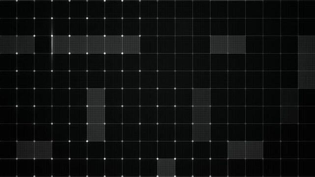 Dark technical technology background with a medium white data grid, glowing nodes and lit data blocks crossed by anamorphic light streaks, seamless 4K loop