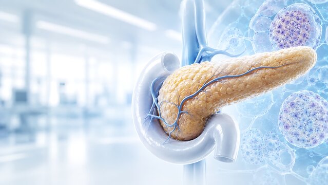 Human pancreas anatomy with digestive system and futuristic medical healthcare background